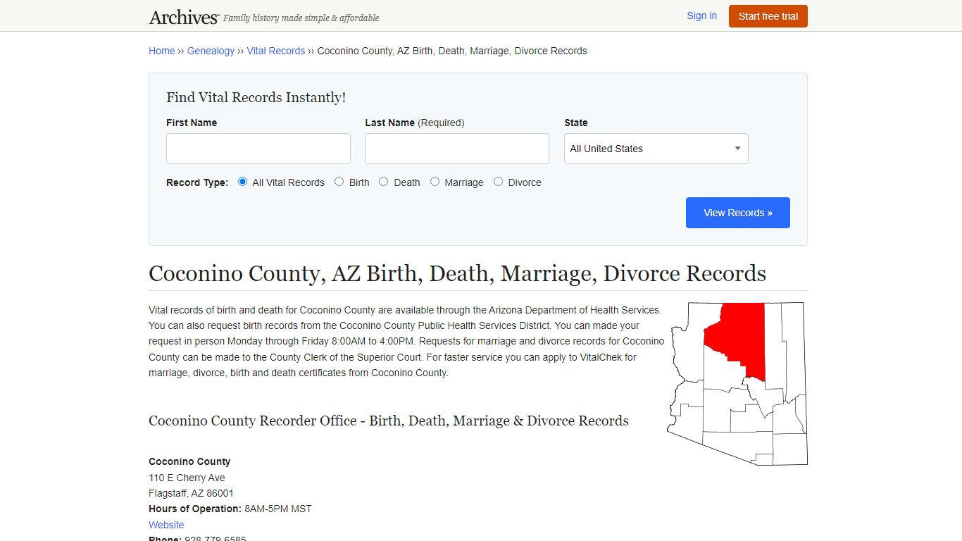 Coconino County, AZ Birth, Death, Marriage, Divorce Records